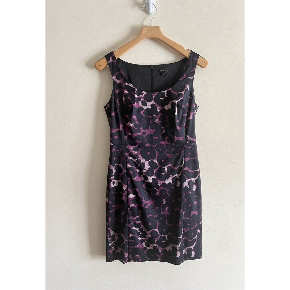 Ann Taylor 4 Black mauve Purple Silk Blend Sheath dress Career Cocktail Leopard